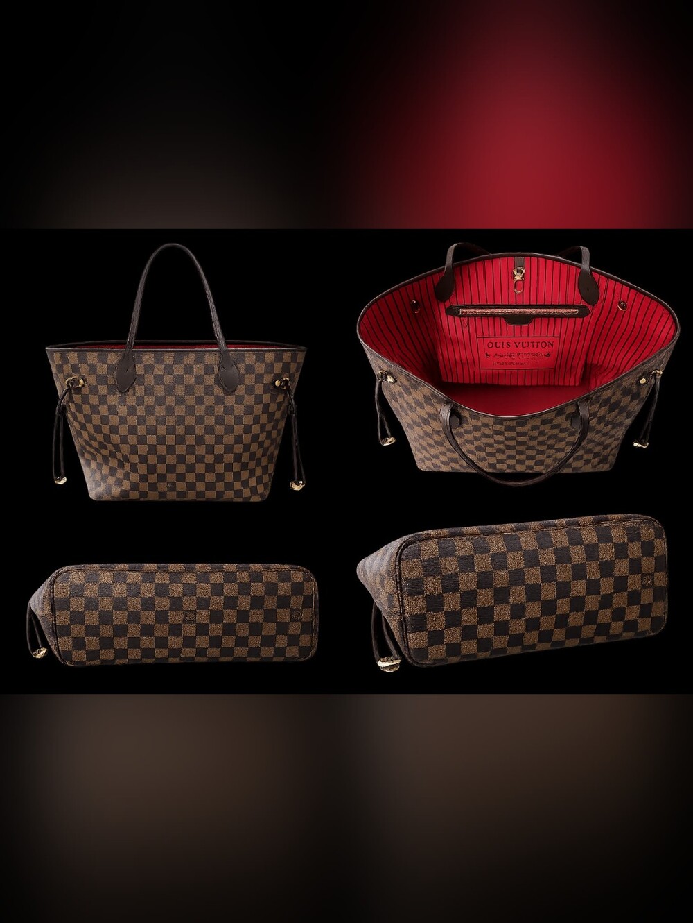 Louis Vuitton Damier Ebene Neverfull Tote - Brown with Red Interior
